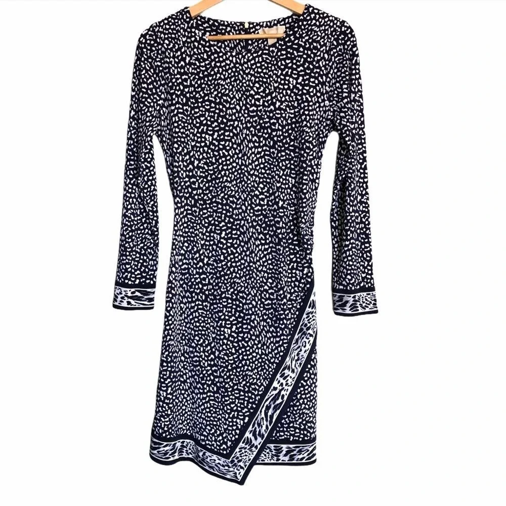 Michael Kors Sheath Dress Womens Medium Navy Blue Animal Print Long Sleeve Wrap